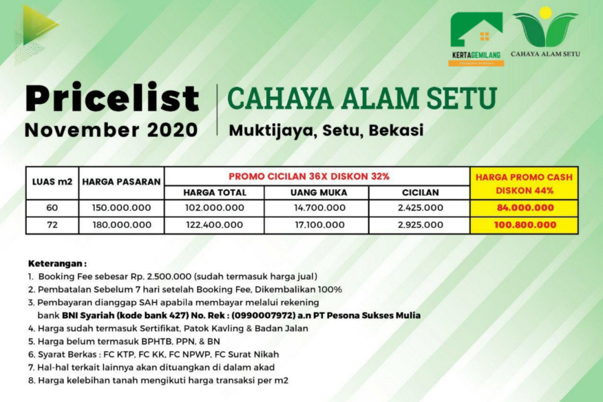 Harga Cahaya Alam Setu Bekasi 2020